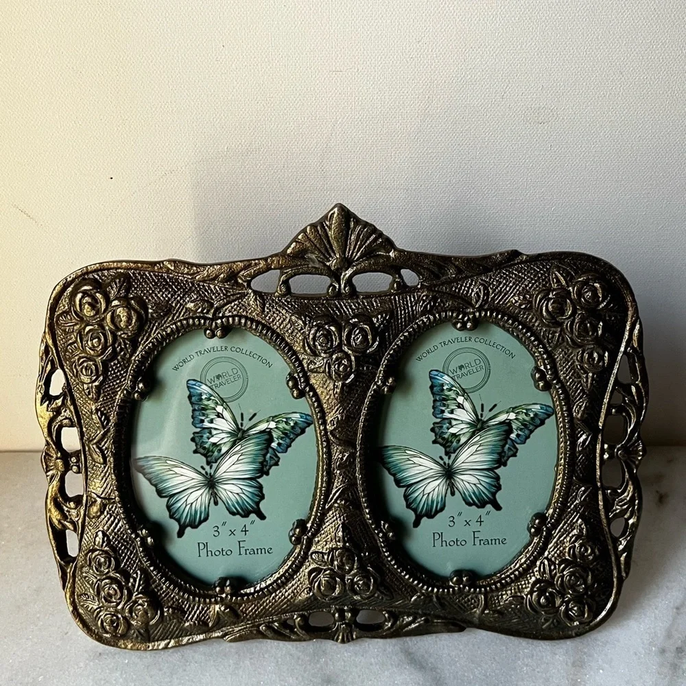 Gold ornate Double Photo Frame metal or brass for 3”x4” photo
